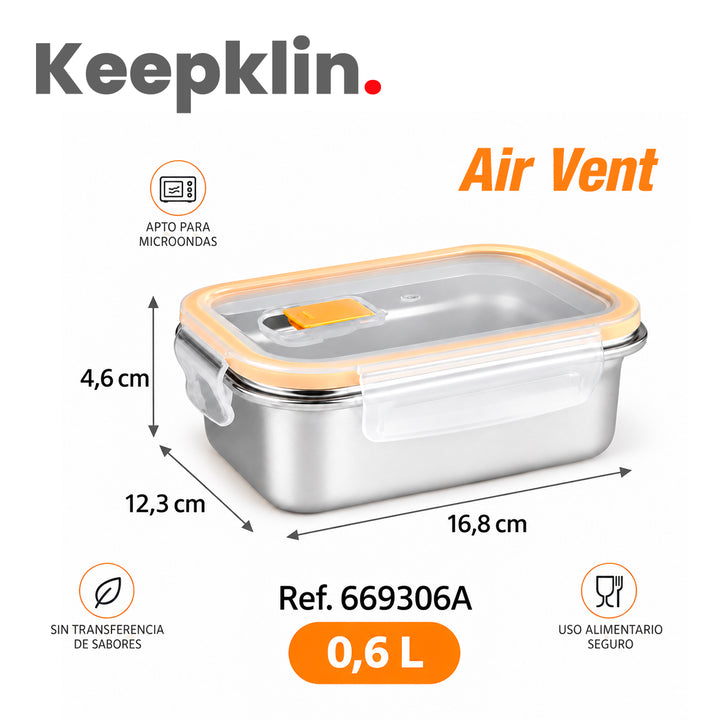 IBILI Keepklin Air Vent - Recipiente Rectangular de 0.6L en Acero Inoxidable Apto Microondas