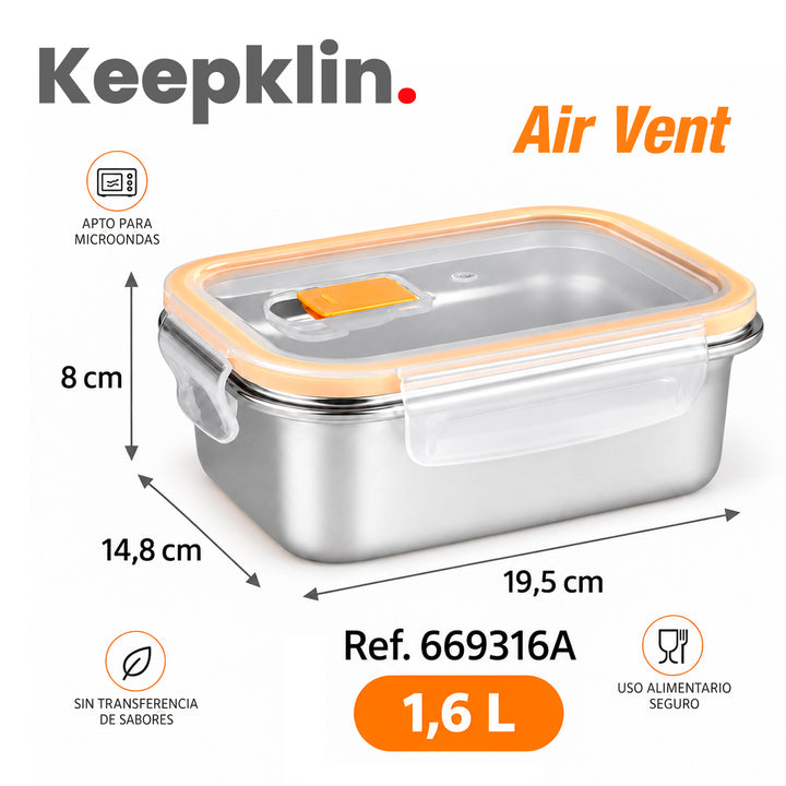 IBILI Keepklin Air Vent - Recipiente Rectangular de 1.6L en Acero Inoxidable Apto Microondas