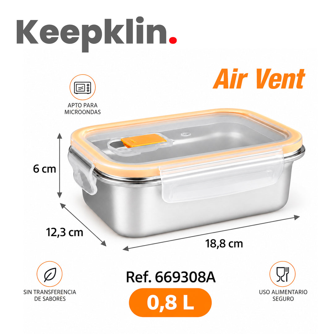 IBILI Keepklin Air Vent - Recipiente Rectangular de 0.8L en Acero Inoxidable Apto Microondas
