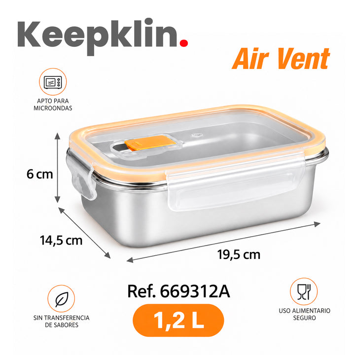 IBILI Keepklin Air Vent - Recipiente Rectangular de 1.2L en Acero Inoxidable Apto Microondas