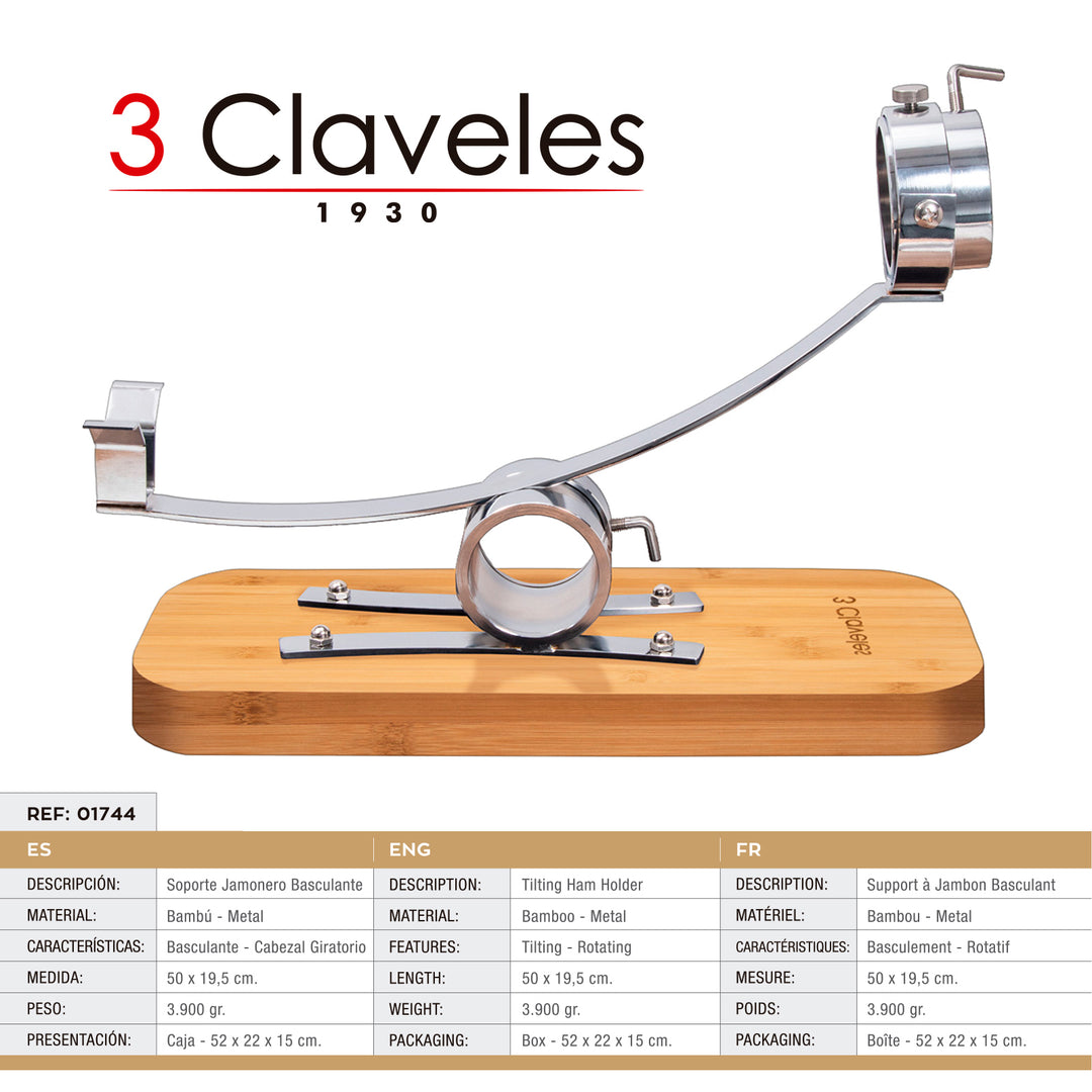 3 Claveles 01744 - Soporte Jamonero Basculante en Bambú y Cabezal Giratorio en Acero