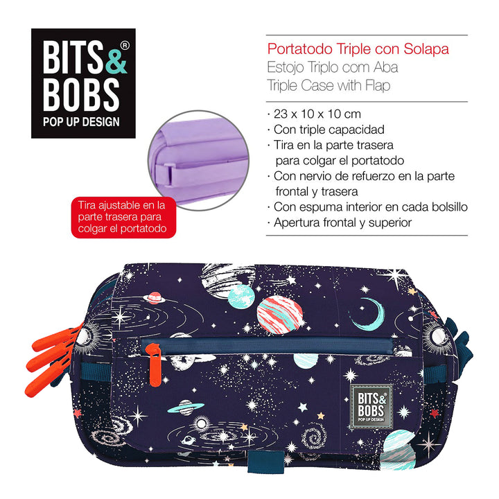 ColePack EcoDes - Estuche Triple de 3 Cremalleras con Material Escolar Incluido. Cosmos
