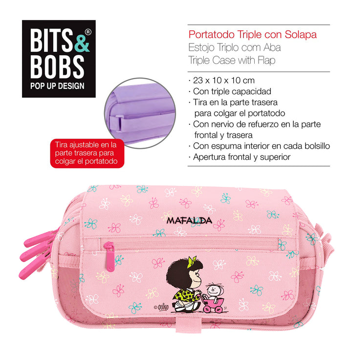 ColePack EcoDes - Estuche Triple de 3 Cremalleras con Material Escolar Incluido. Mafalda Cart