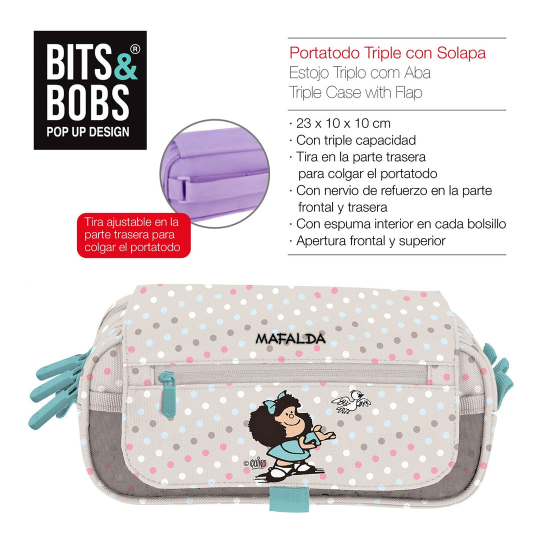 Grafoplás Design - Estuche Portatodo Triple con Solapa para Material Escolar. Mafalda Bird