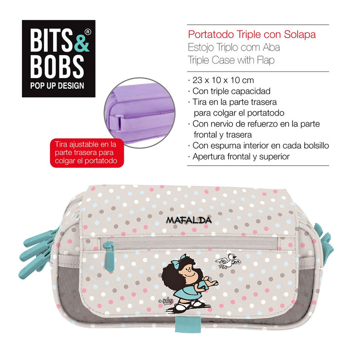 Grafoplás Design - Estuche Portatodo Triple con Solapa para Material Escolar. Mafalda Bird