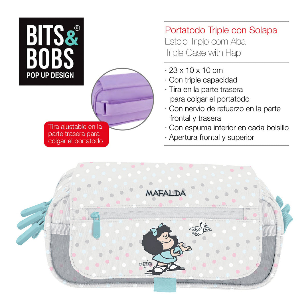 ColePack EcoDes - Estuche Triple de 3 Cremalleras con Material Escolar Incluido. Mafalda Bird