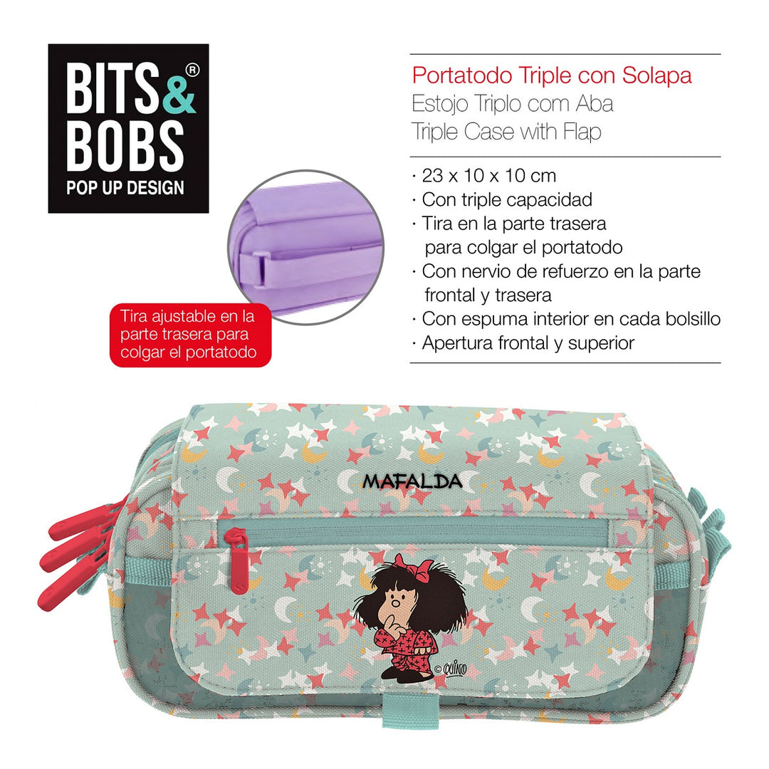 Grafoplás Design - Estuche Portatodo Triple con Solapa para Material Escolar. Mafalda Pijama