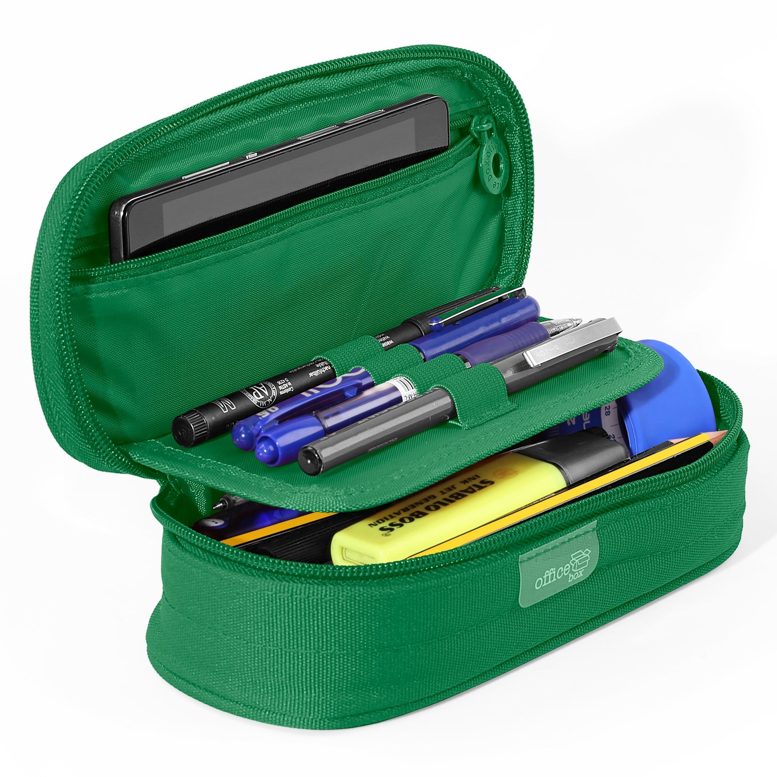 Mega - Estuche Portatodo Escolar Ovalado Multiuso con Solapa. Verde