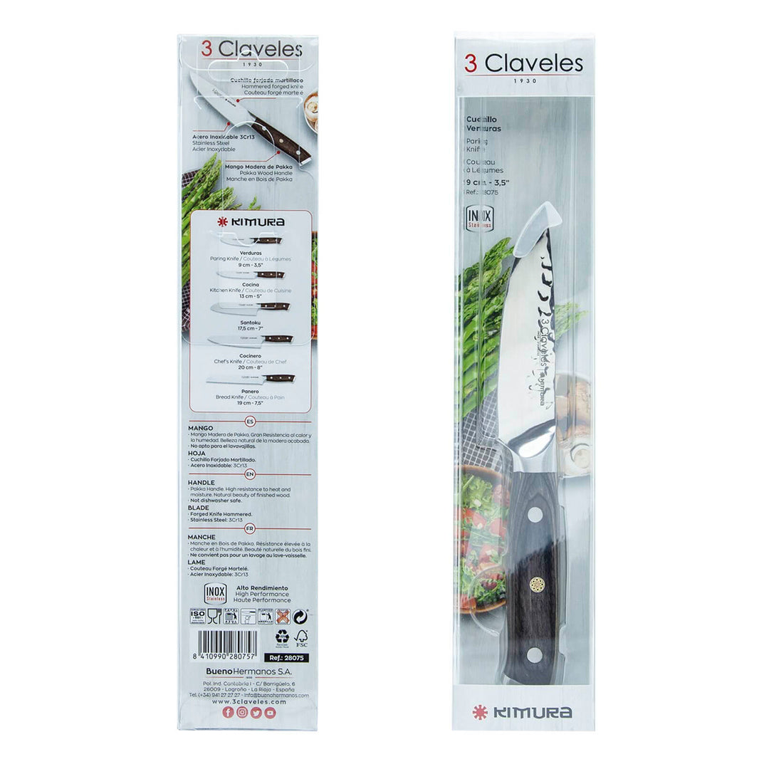 3 Claveles Kimura - Cuchillo Cocina 9 cm Acero Forjado Hoja Martilleada Mango Pakka