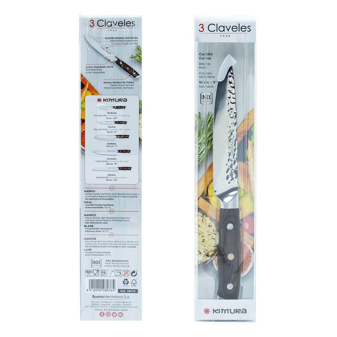 3 Claveles Kimura - Cuchillo Cocina 13 cm Acero Forjado Hoja Martilleada Mango Pakka