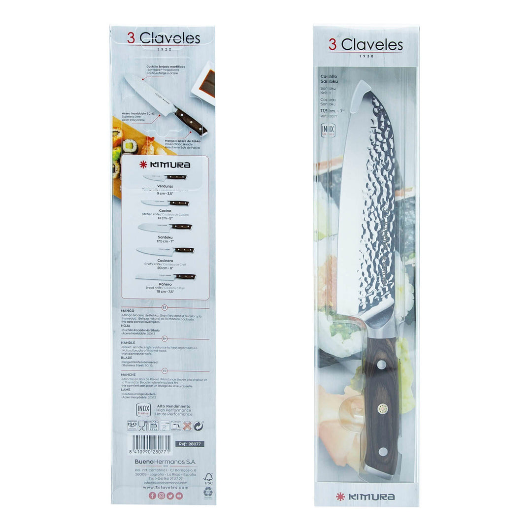 3 Claveles Kimura - Cuchillo Santoku 17.5 cm Acero Forjado Hoja Martilleada Mango Pakka