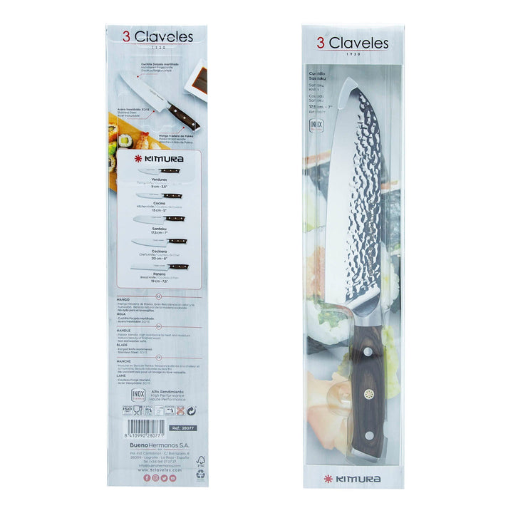 3 Claveles Kimura - Cuchillo Santoku 17.5 cm Acero Forjado Hoja Martilleada Mango Pakka