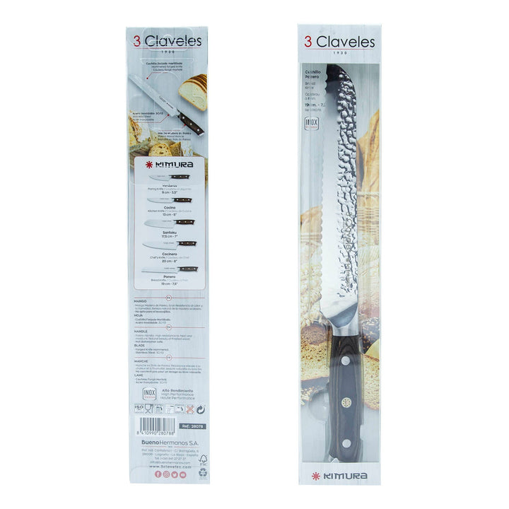 3 Claveles Kimura - Cuchillo Panero 19 cm Acero Forjado Hoja Martilleada Mango Pakka
