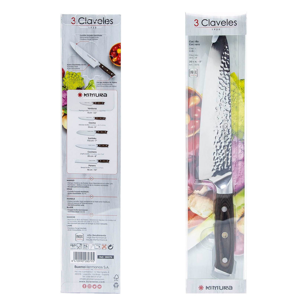 3 Claveles Kimura - Cuchillo Cocinero 20 cm Acero Forjado Hoja Martilleada Mango Pakka