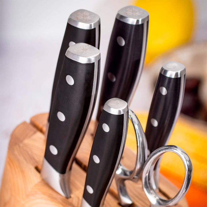 3 Claveles Toledo - Juego de 5 Cuchillos de Cocina y Tijeras. Taco ASH. Forjados en Caliente