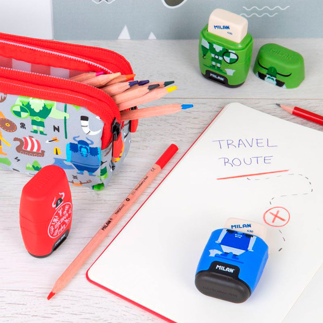 MILAN Vikings - Afilaborra Compact. Combinación de Goma y Sacapuntas Doble Rojo