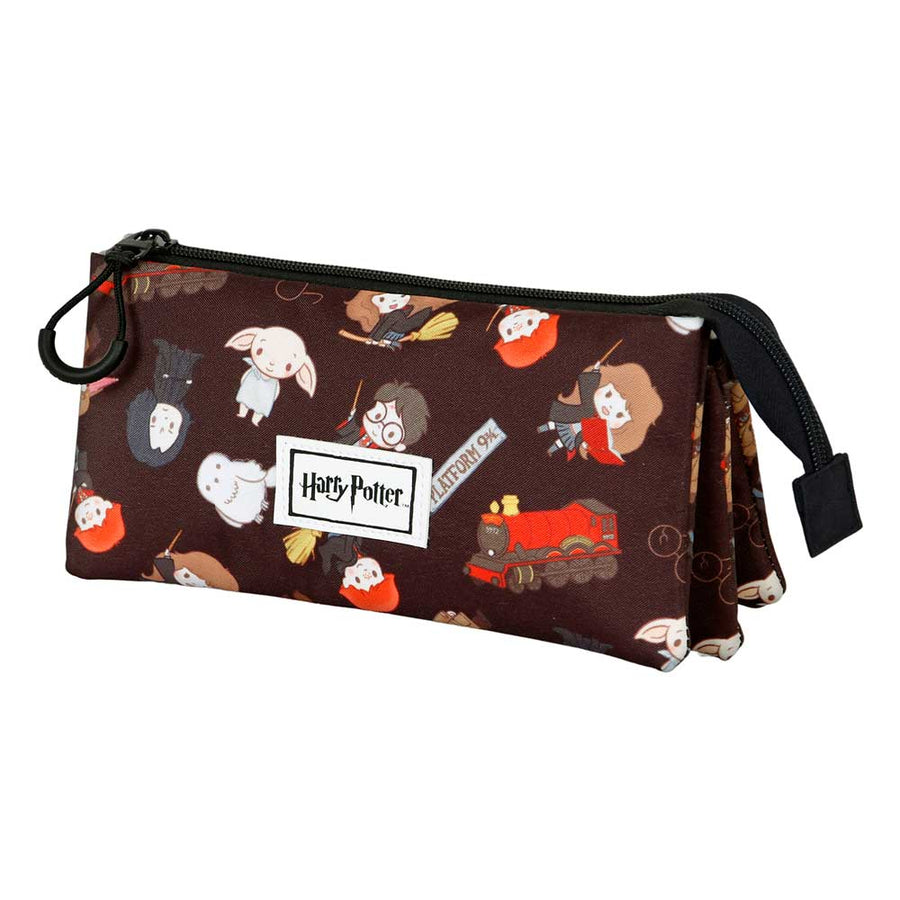 HARRY POTTER Cute - Estuche Escolar Triple Portatodo con 2 Cremalleras. Marrón