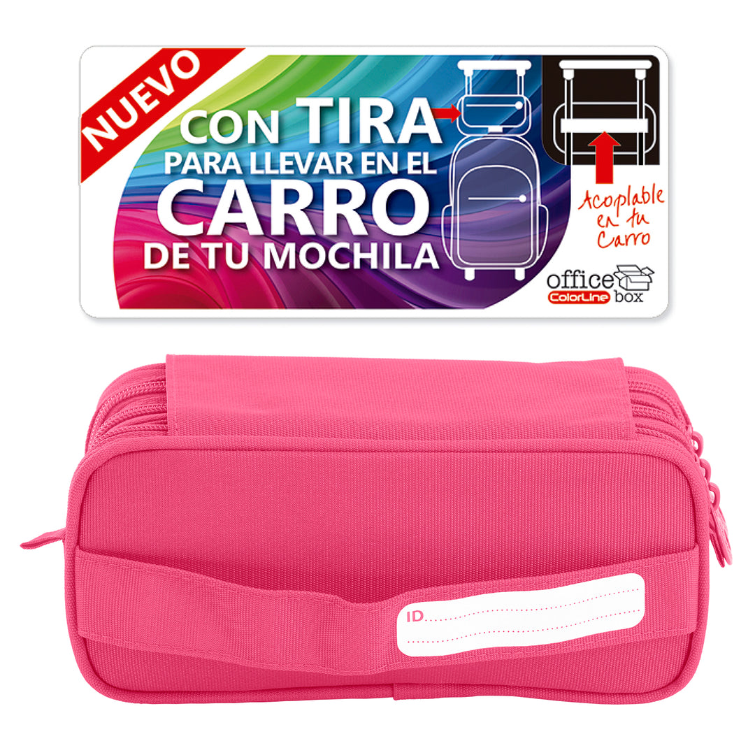 ColePack Eco - Estuche Triple de 3 Cremalleras con Material Escolar Incluido. Fuscia