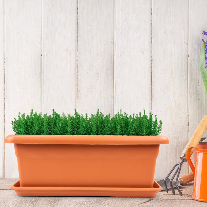 Plastiken TERRA - Jardinera Rectangular 80 x 33 cm 44L con Plato Incluido. Terracota