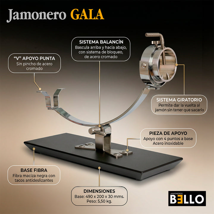 BELLO Gala - Soporte Jamonero Basculante Fibra y Acero Inoxidable Cabezal Giratorio