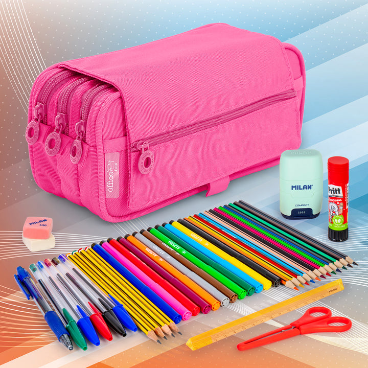 ColePack Pro - Estuche Triple de 3 Cremalleras con Material Escolar Incluido. Fucsia