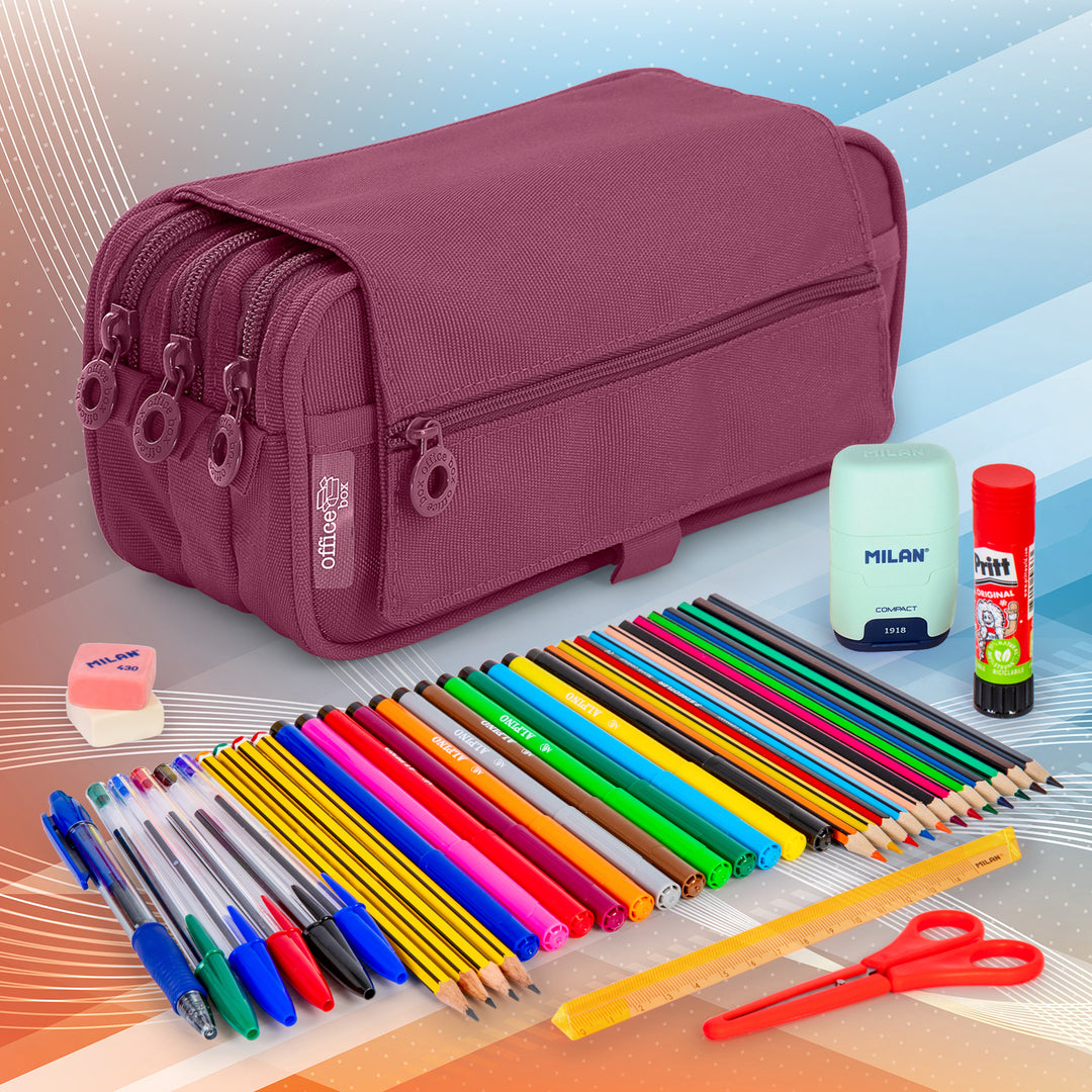 ColePack Pro - Estuche Triple de 3 Cremalleras con Material Escolar Incluido. Morado