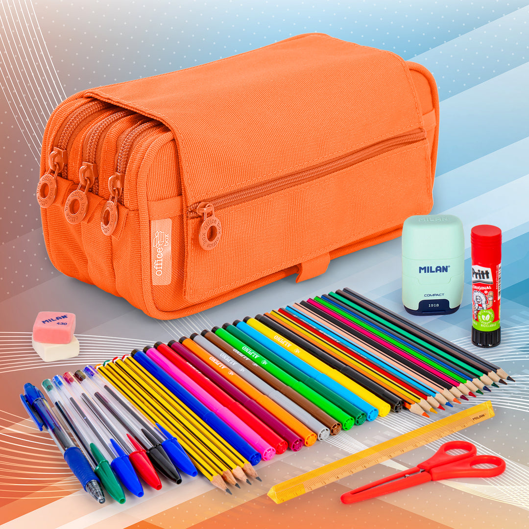 ColePack Pro - Estuche Triple de 3 Cremalleras con Material Escolar Incluido. Naranja