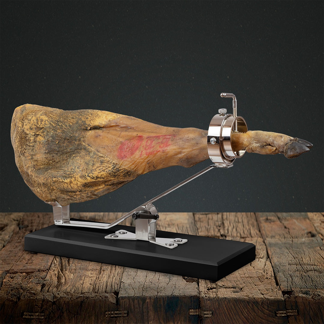BELLO Aneto - Soporte Jamonero Basculante en DM Negro y Acero Inoxidable con Cubrejamón