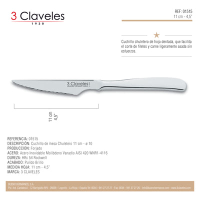 3 Claveles 01515 - Cuchillo Chuletero de Mesa de 11 cm. en Acero Inoxidable AISI 420