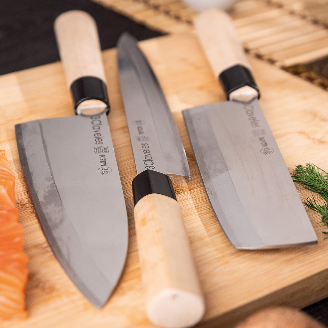 3 Claveles NIPON - Cuchillo Japones Deba 21 cm Acero Inoxidable y Mango Madera de Arce