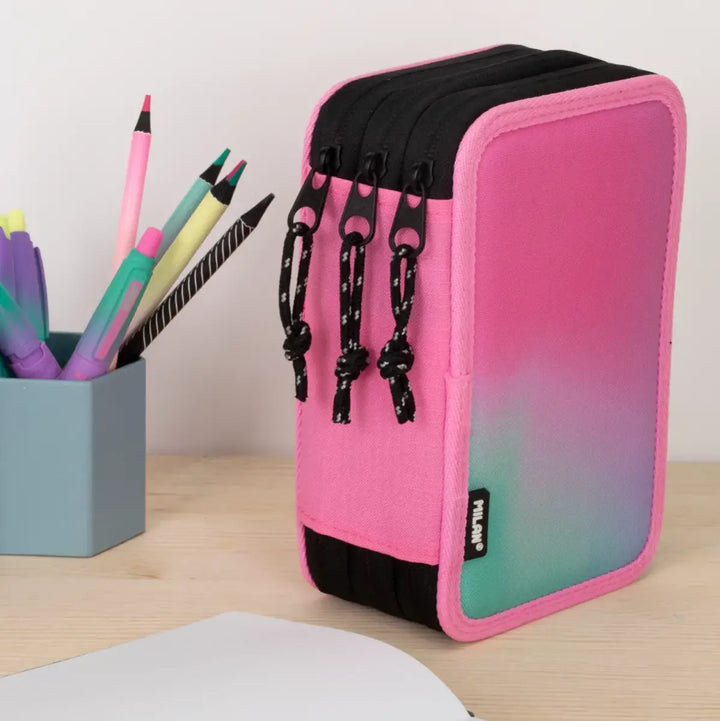 MILAN - Plumier de 3 Pisos con Contenido de 49 Piezas de Material Escolar. Sunset Rosa