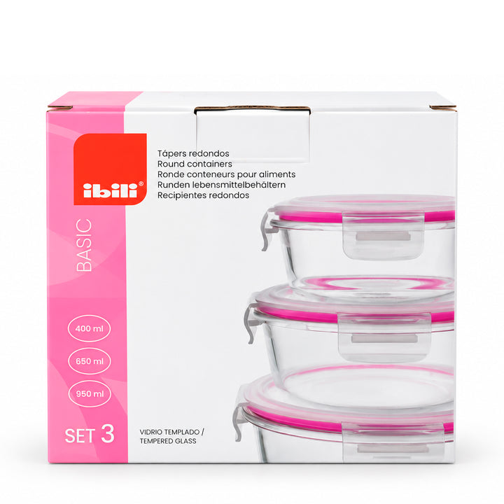 IBILI - Set de 3 Recipientes Redondos en Vidrio Templado. Apilables y Aptos Microondas