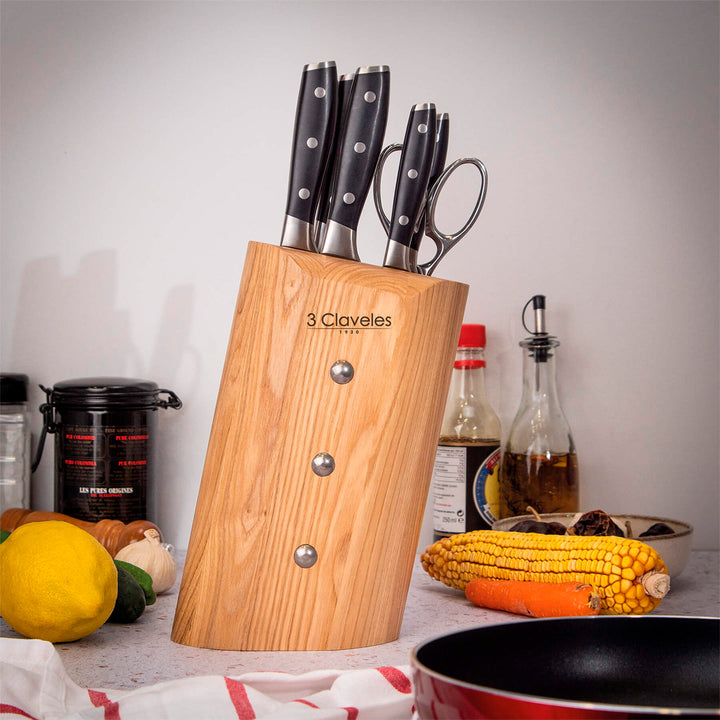 3 Claveles Toledo - Juego de 5 Cuchillos de Cocina y Tijeras. Taco ASH. Forjados en Caliente