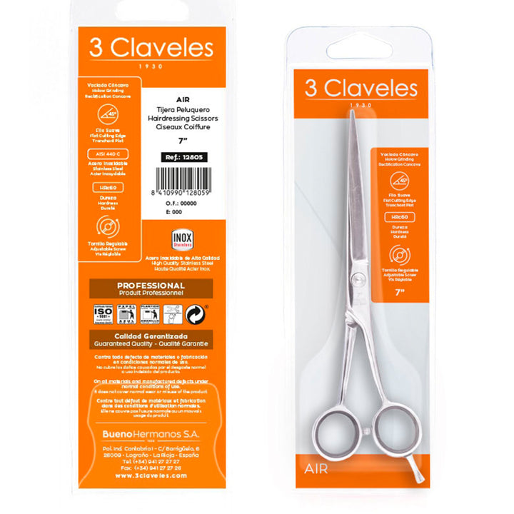 3 Claveles Air - Tijera Profesional Peluquero 7" Acero Inox. Filo Suave Forjado en Caliente