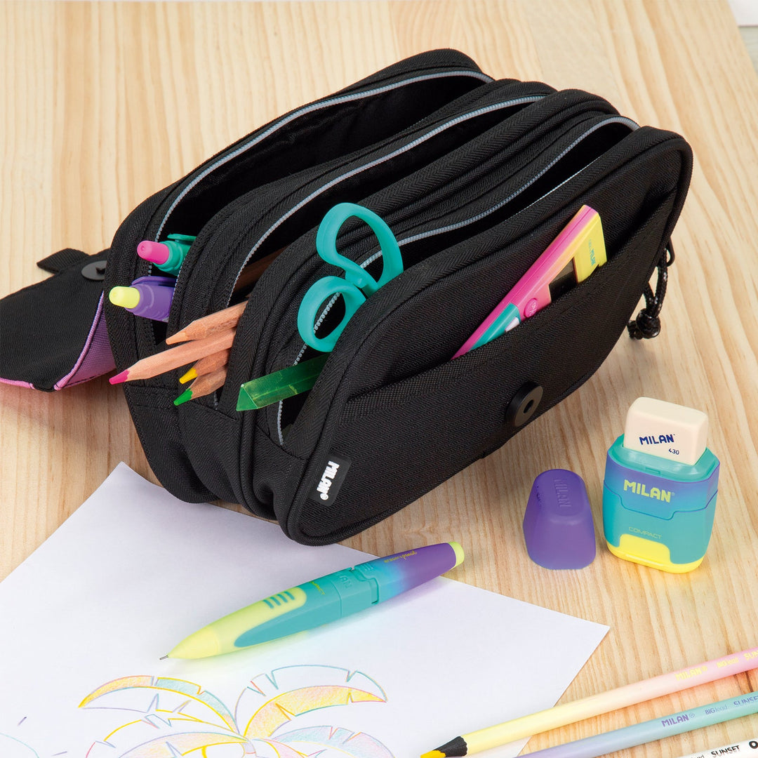 ColePack ECO Milan - Estuche Triple de 3 Cremalleras y Material Escolar Incluido. Sunset