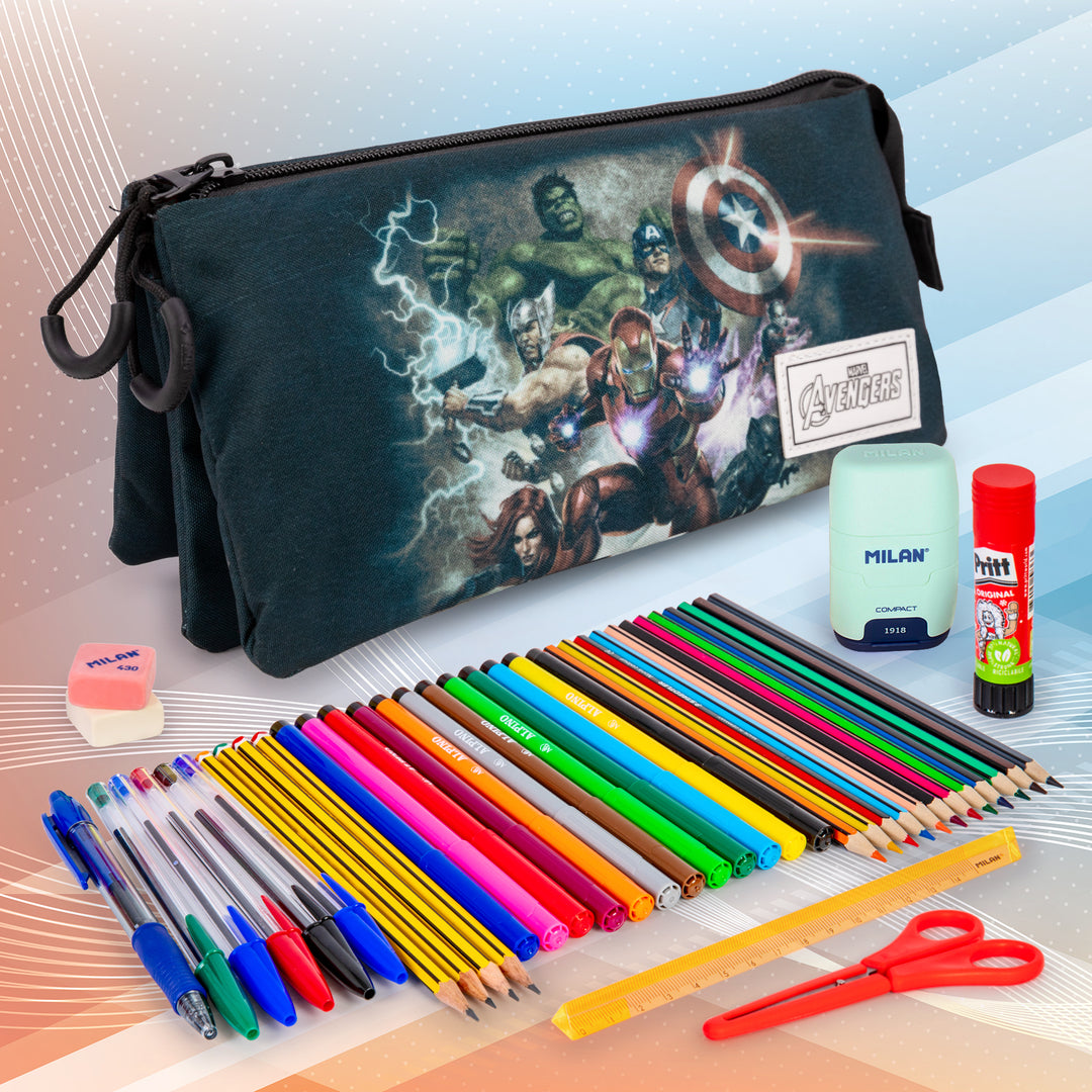 MARVEL Los Vengadores - Estuche Escolar Triple Portatodo con 2 Cremalleras. Troupe