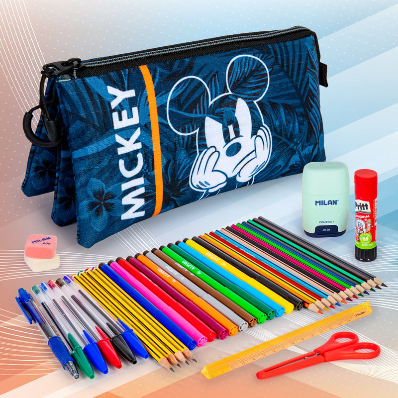 DISNEY Mickey Mouse - Estuche Escolar Triple Portatodo con 2 Cremalleras. Azul