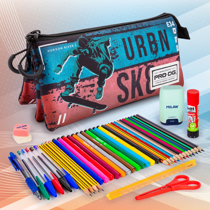 PRODG Urbansk8 - Estuche Escolar Triple Portatodo con 2 Cremalleras. Multicolor