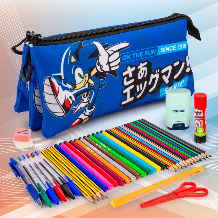 ColePack Sonic - Estuche Triple de 2 Cremalleras con Material Escolar. On The Run