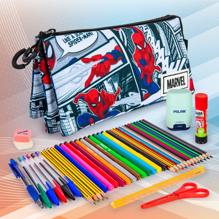 MARVEL Spiderman - Estuche Escolar Triple Portatodo con 2 Cremalleras. Stories