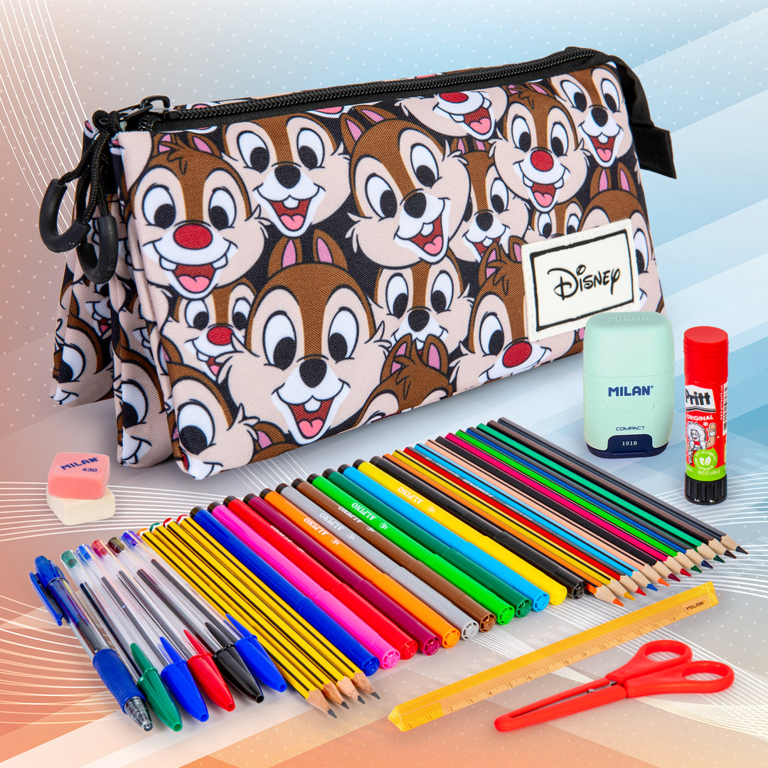 DISNEY Chip y Chop - Estuche Escolar Triple Portatodo con 2 Cremalleras. Marrón