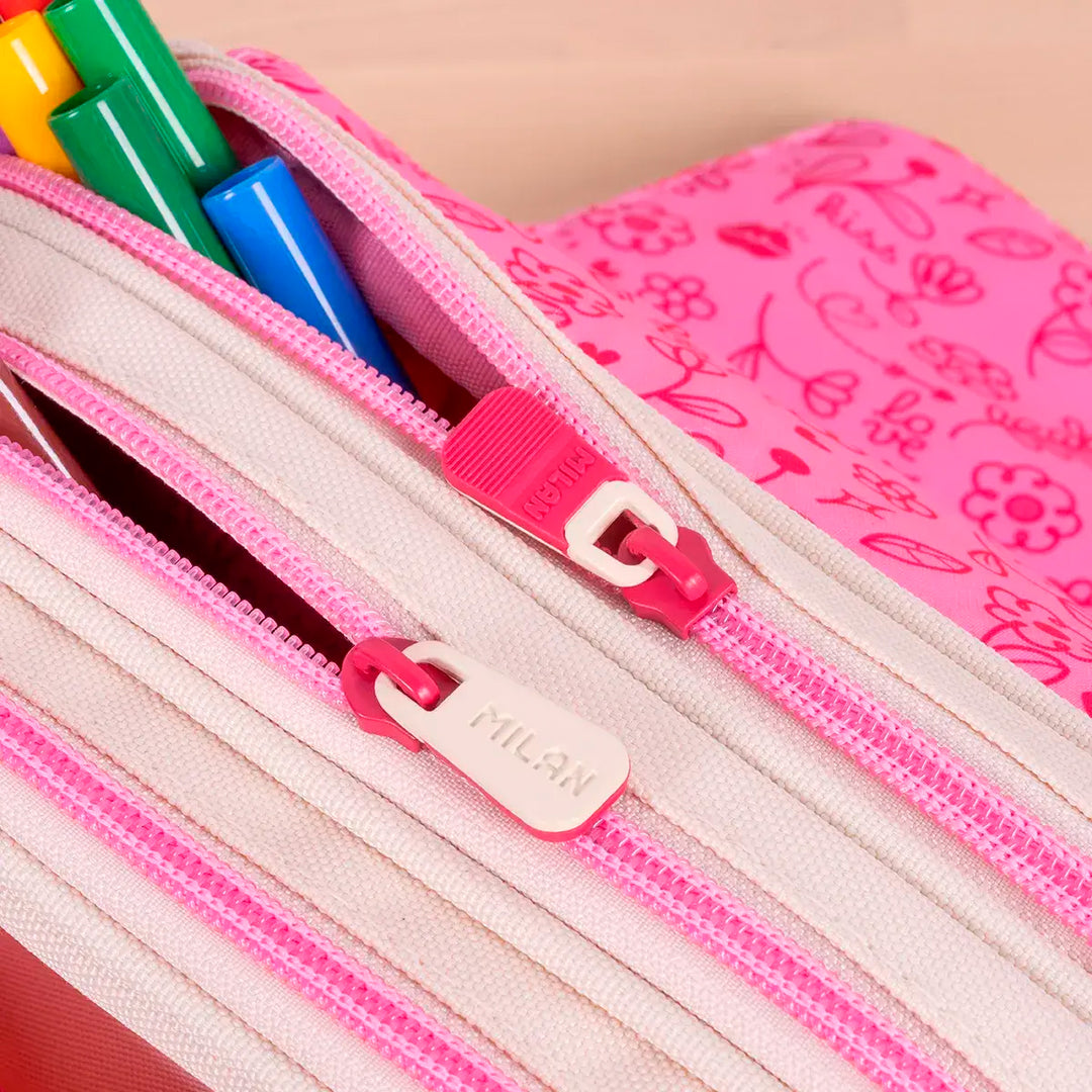 ColePack PRO Milan - Estuche Triple de 3 Cremalleras y Material Escolar Incluido. Flowicorn