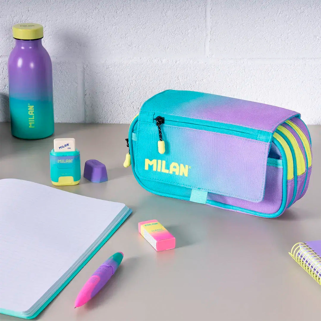 ColePack ECO Milan - Estuche Triple de 3 Cremalleras y Material Escolar. Sunset Turquesa