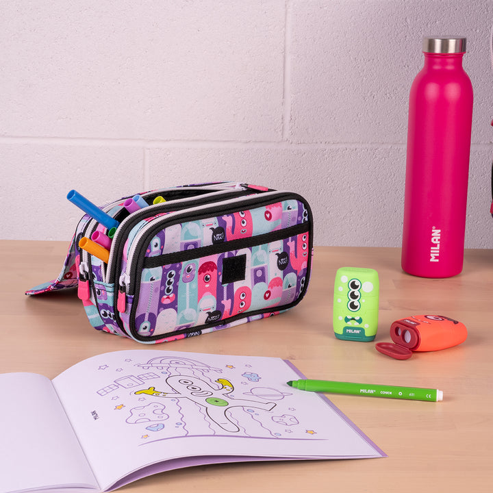 ColePack ECO Milan - Estuche Triple de 3 Cremalleras y Material Escolar Incluido. Aliens