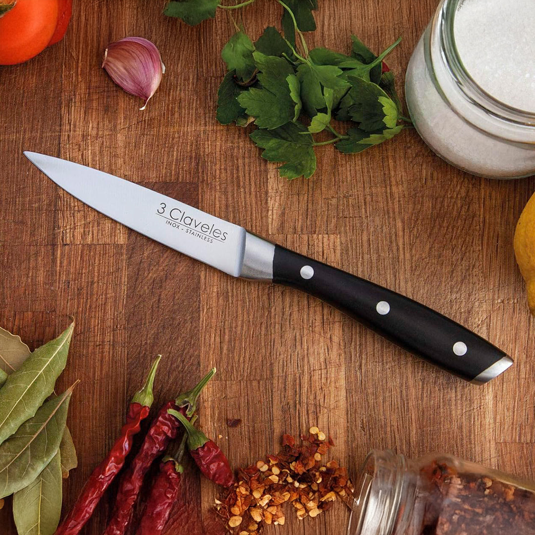 3 Claveles - Set de 4 Cuchillos Chuleteros Profesionales 11.5 cm Acero Inoxidable Mango ABS