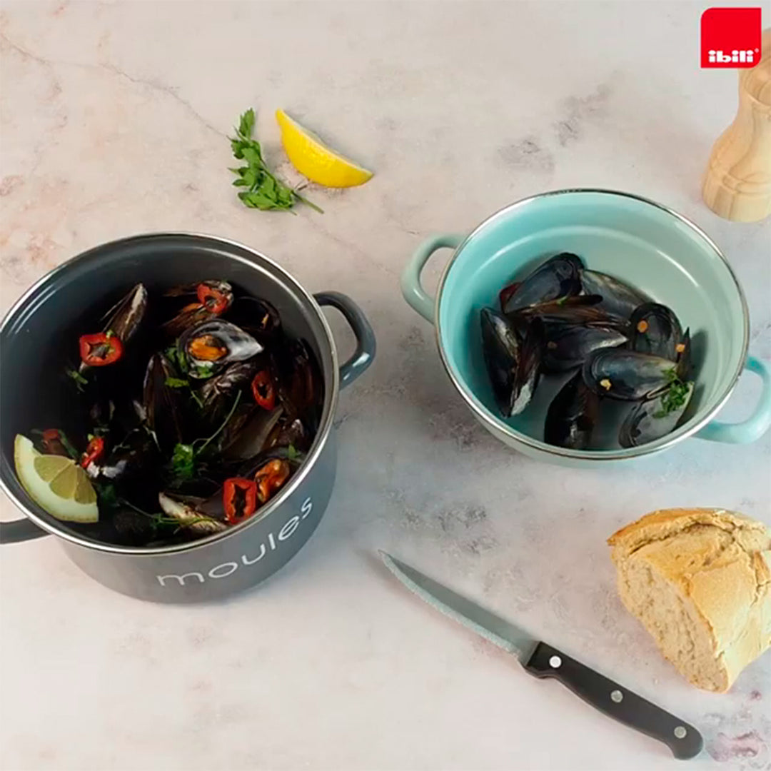 IBILI Moules - Olla de 18 cm para Mejillones en Acero Esmaltado con Tapa Especial. Negro