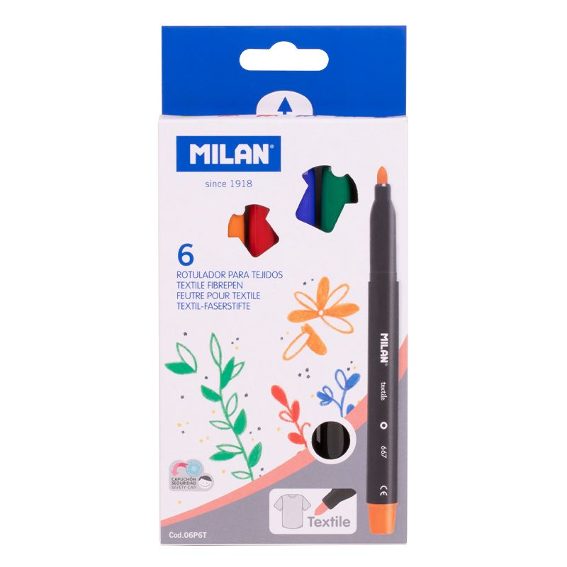 MILAN 06P6T - Caja de 6 Rotuladores en Colores para Pintar Sobre Tejidos