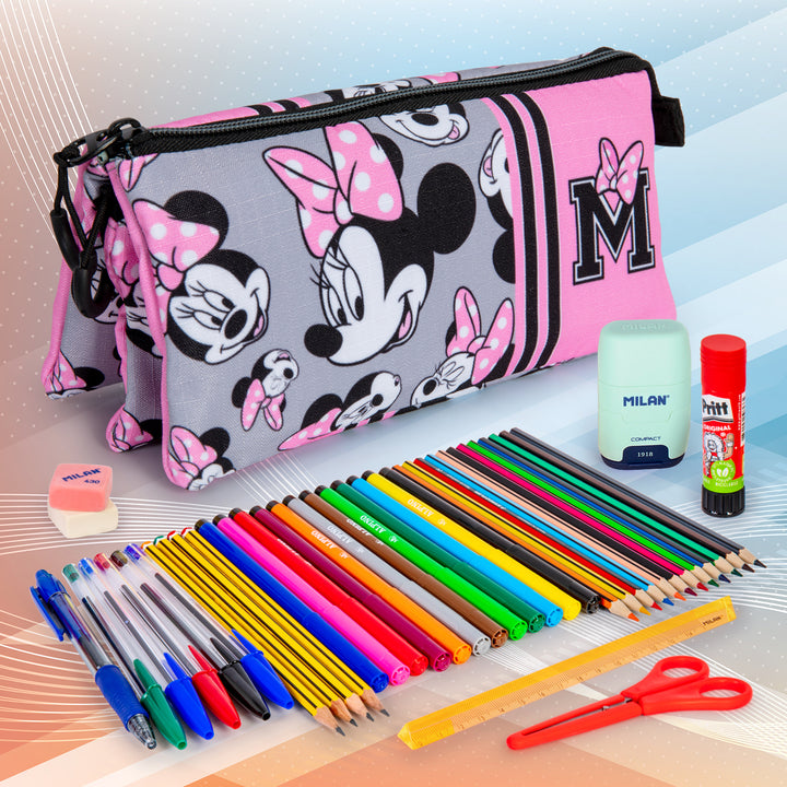 DISNEY Minnie Mouse Ribbons - Estuche Escolar Triple Portatodo con 2 Cremalleras. Gris