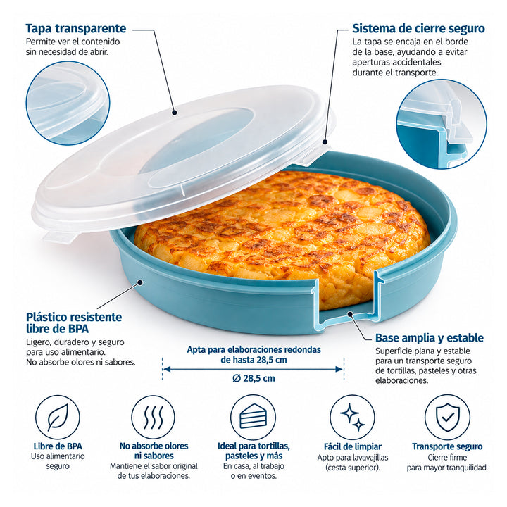 IBILI - Recipiente Porta Tortillas XL y Porta Tartas de 30 cm con Tapa en Plástico PP05. Azul