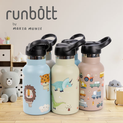 Runbott Marta Munté - Botella Térmica Infantil de 0.35L con Interior Cerámico. Dinos Verde